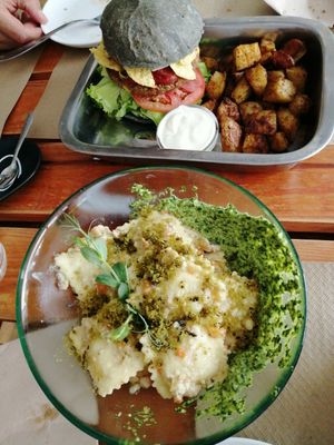 pasta and burger! at BuenaVida Vegan in Tenerife