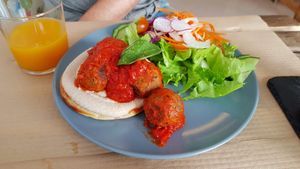 Delicious salty pancake with lentil meatballs at BuenaVida Vegan in Tenerife