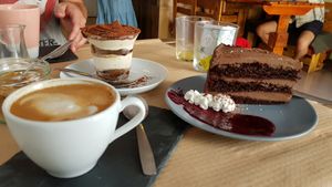 Soya coffee, tiramisu and choclate cake at BuenaVida Vegan in Tenerife