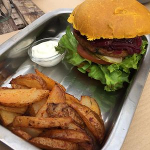 Lentil burger and chips at BuenaVida Vegan in Tenerife