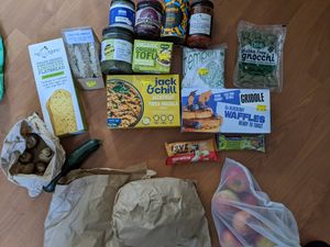 My selection (pastries and bread in the bags) at Sunrise Organics in Bournemouth