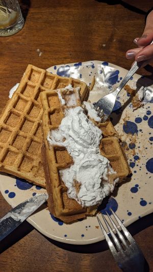 Waffles with vegan whipped cream at Cafe Gagarin in Vienna