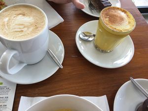 Soy latte and a Turmeric latte at Raw & More in Semaphore