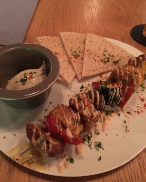 Tofu/Tempeh/Veggie kabob with pita bread and tzatziki. They call it souvlaki but that's not souvlaki like *I* know it, but maybe I'm just wrong! at 8ablish in Tokyo