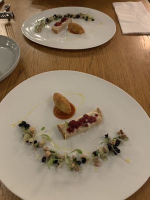 Potato croquette and crostini with raspberries  at 8ablish in Tokyo