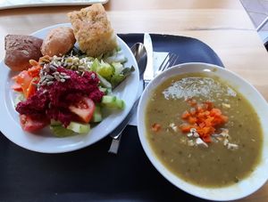 Pea soup with tofu, bread, focaccia and salad. at Paladar Sol y Son in Trinidad
