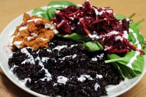 Black rice, tomato-hummus, beet salad, spinach and tahini dressing - the same as the wraps but without the bread.  at Ficus in Oslo