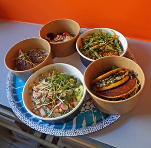 Marinated Tofu + Rice crêpes + Sweet potato purée + Petit épeautre (Einkorn wheat) + Rice pancakes at Le Potager de Charlotte in Paris