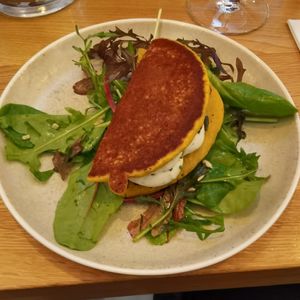 Chickpea & rice pancake with cashew cream cheese (split portions) at Le Potager de Charlotte in Paris