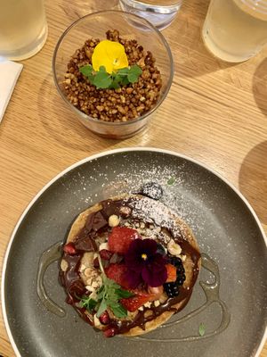 Almond & rice pancakes with a strawberry vanilla cashew cream and puffed almond and buckwheat granola   at Le Potager de Charlotte in Paris