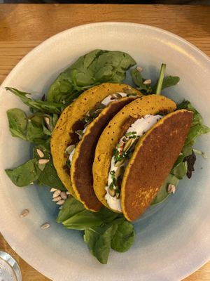 Chickpea and rice pancakes with cashew crème and greens  at Le Potager de Charlotte in Paris