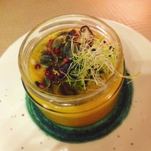 Velouté de butternut, châtaigne, lentins de chêne, jeunes pousses et baies roses at Le Potager de Charlotte in Paris