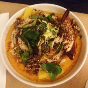 Purée de patate douce, potimarron rôté, betterave jaune snackée, crème paprika doux et cumin, noix de grenoble torréfiée, coriandre fraiche  at Le Potager de Charlotte in Paris