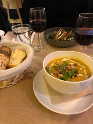 Butternut squash soup and pancake app! at Le Potager de Charlotte in Paris