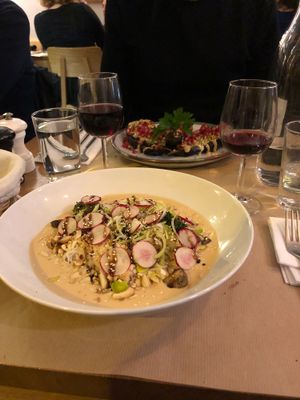 Vermicelli noodle dish (incredible) and a hearty eggplant dish in the back! at Le Potager de Charlotte in Paris