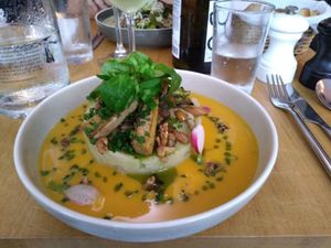 Mashed potatoes with butternut velouté, tofu and vegetables  at Le Potager de Charlotte in Paris