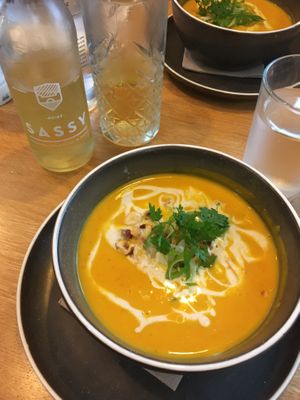 Pumpkin soup with soy cream and hazelnuts at Le Potager de Charlotte in Paris