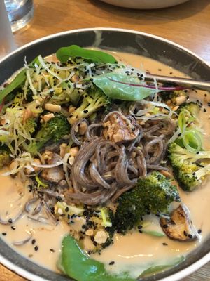 Soba noodles with Tamari sauce, spinash, broccoli, peanuts, mushrooms, leeks, chards at Le Potager de Charlotte in Paris