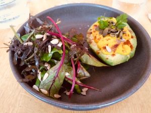 Avocado « harder boiled egg style » with chickpea hummus with turmeric. Seems simple but one of my best entrees ever. The avocado was perfect and the hummus too. at Le Potager de Charlotte in Paris