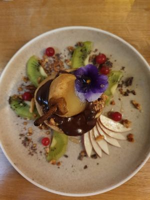 Roasted pear and chocolate dessert at Le Potager de Charlotte in Paris
