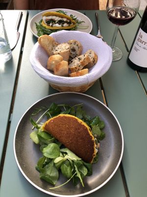 Chickpea pancakes with cashew cream at Le Potager de Charlotte in Paris