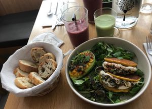 Chickpea pancakes and avocado egg at Le Potager de Charlotte in Paris