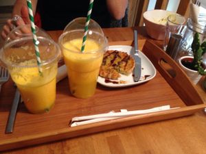 Open since october soup or salad of the day vegetarian, fresh squeeze juice and smoothie. You can order one dish not vegetarian if needed. Bio. Vegetable curry, onion tart, salad delicious  at My Petite Factory in Lyon