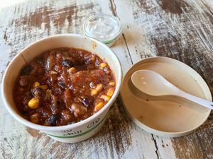 house made vegan chili and cashew cream at The Juice Laundry - Preston in Charlottesville