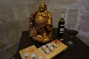 Wine and sushi. A great combination! at El Buda Profano in Arequipa