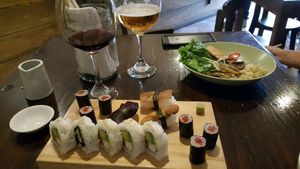 variety plate and the ramen at El Buda Profano in Arequipa