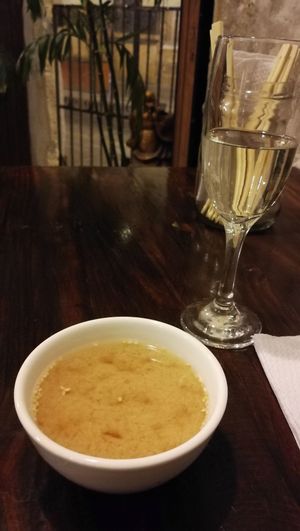 Sopa miso y sake at El Buda Profano in Arequipa