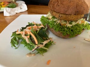 vegan burger at Potpourri Vegetarian Cafe in Dunedin