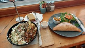 Mixed salads, samosa, and ginger crunch (all vegan) at Potpourri Vegetarian Cafe in Dunedin