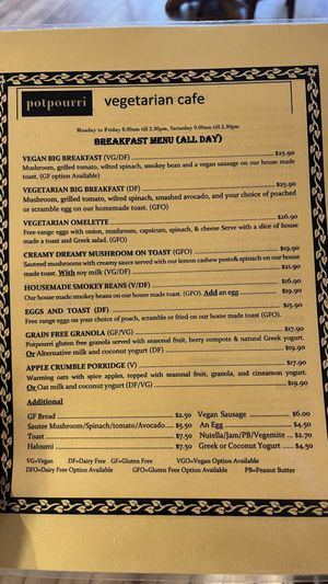 Menu 1  at Potpourri Vegetarian Cafe in Dunedin