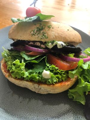 Mushroom burger at Potpourri Vegetarian Cafe in Dunedin