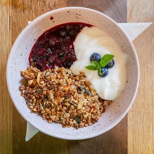 vegan granola bowl at Espresso Library in Cambridge