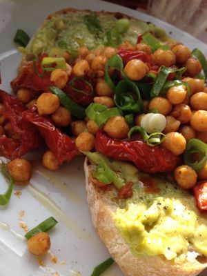 Spiced chickpeas and avocado on sourdough toast at Espresso Library in Cambridge