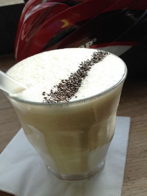 White smoothie (almond milk, banana, chia seeds, some other delicious things) at Espresso Library in Cambridge