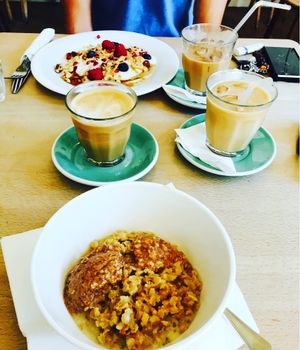 Vegan bfast featuring three coffees   at Espresso Library in Cambridge