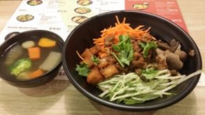 minced mushroom noodle  at Greendot 绿一点 - Raffles Place in Central Singapore
