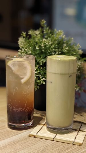 Matcha Oat Milk Latte, Iced Mulberry Kurozu Soda at Greendot 绿一点 - Raffles Place in Central Singapore