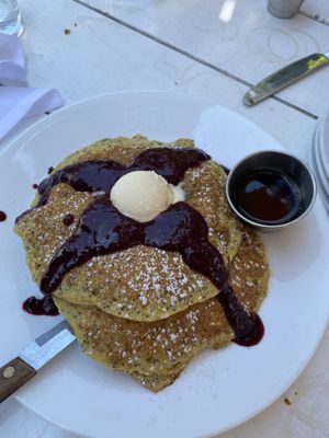 lemon poppyseed pancakes with blueberry compote & maple syrup.  at Little Pine in Los Angeles