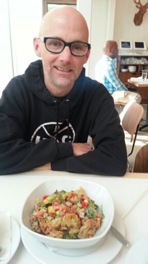 Italian bread sandwich with Moby at Little Pine in Los Angeles