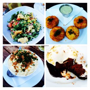 Panzanella salad, broccoli arancini, s'more with ganache, Mac & cheese  at Little Pine in Los Angeles