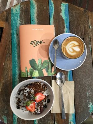 berry bliss + almond latte at Miss Bliss Wholefoods Kitchen in West End