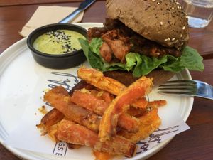 Pulled jackfruit burger at Miss Bliss Wholefoods Kitchen in West End