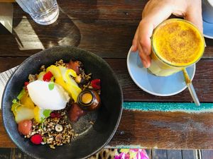 Granola and turmeric latte at Miss Bliss Wholefoods Kitchen in West End