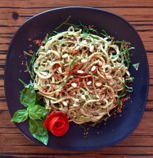Raw zucchini spaghetti with raw pesto at Alice's Restaurant  in Chiang Mai
