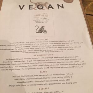 Vegan menu - just ask for it at Mowgli - Bold St in Liverpool