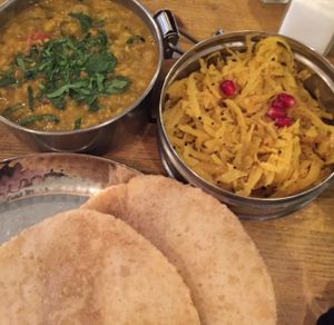 Ginger and rhubarb dahl and Calcutta tangled greens with puri at Mowgli - Bold St in Liverpool